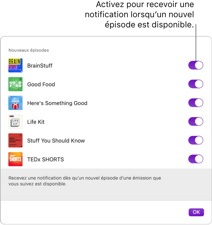 La fenêtre des notifications. Cliquez sur l’interrupteur pour recevoir une notification quand un nouvel épisode devient disponible.