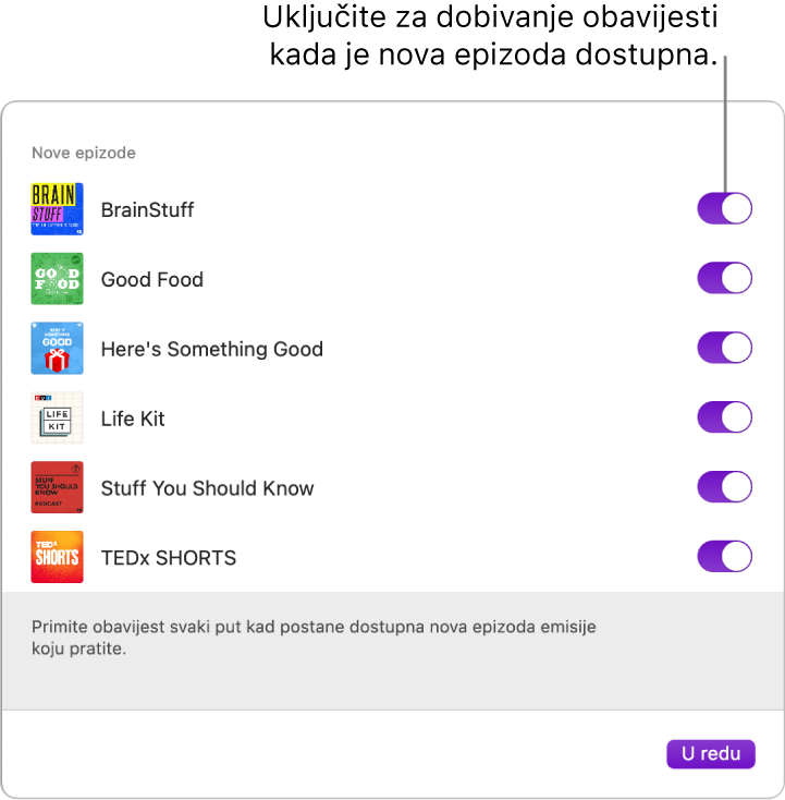 Prozor obavijesti. Kliknite na prekidač za dobivanje obavijesti o dostupnosti nove epizode.
