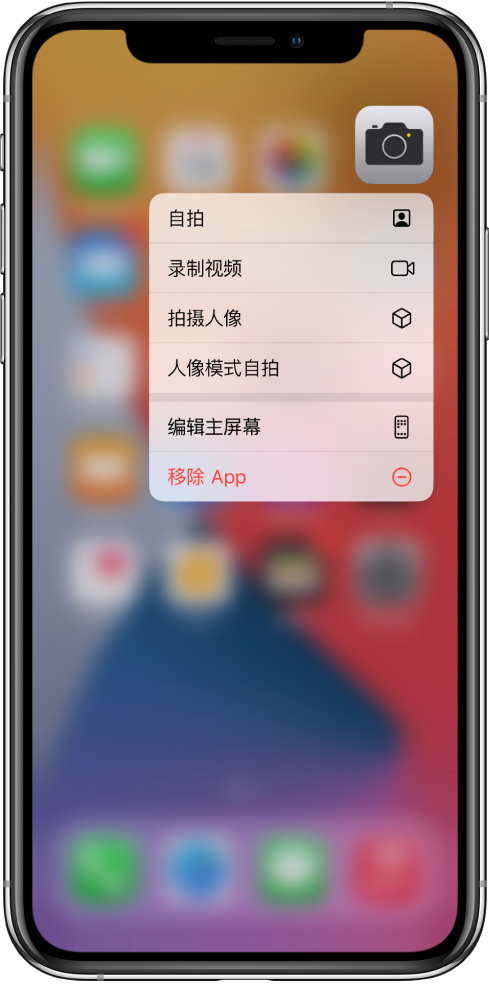 主屏幕变模糊，“相机”快速操作菜单显示在“相机” App 下方。