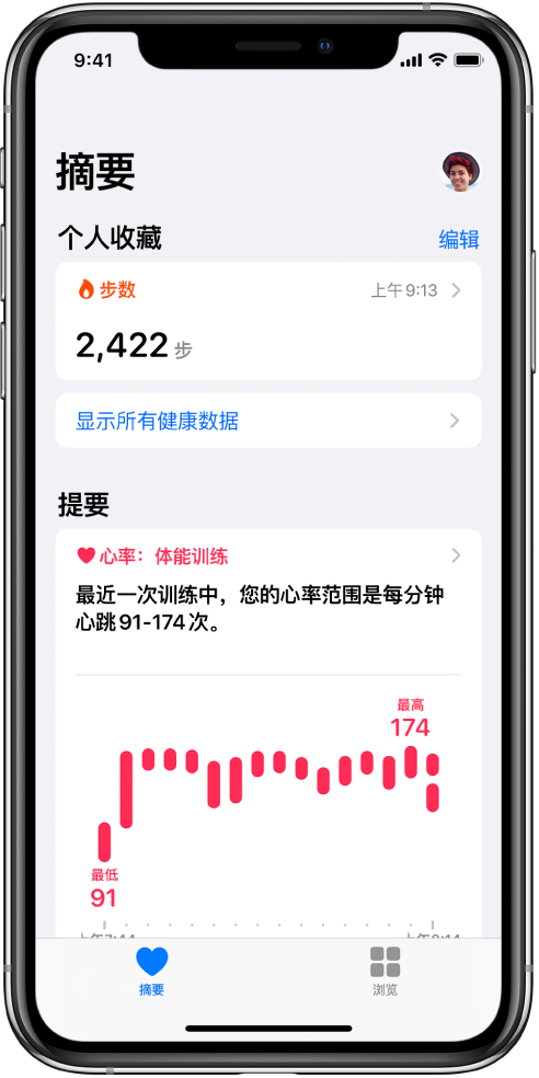 “摘要”屏幕，显示作为“个人收藏”分类的“步数”。“提要”下方的屏幕显示最近体能训练期间心率的相关信息。