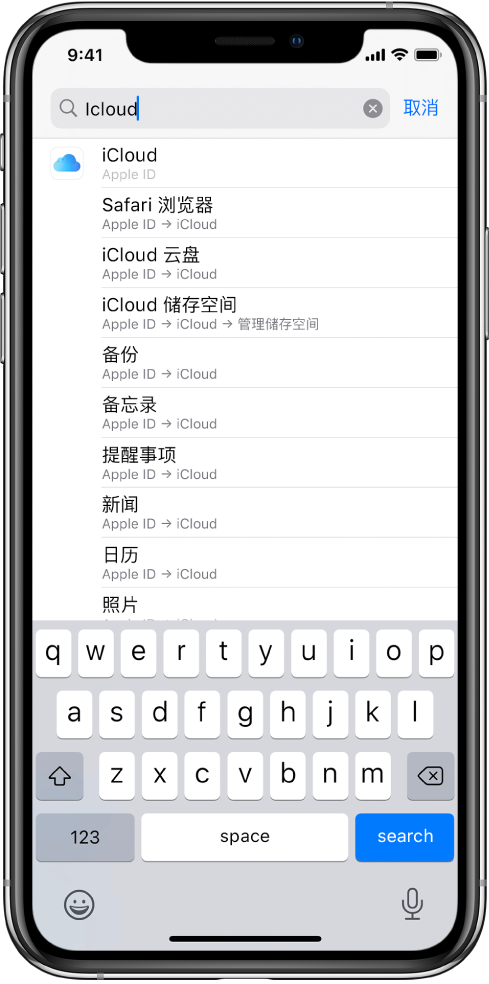 搜索设置屏幕，顶部是搜索栏。搜索栏中是搜索词“iCloud”，找到的设置在下方列出。