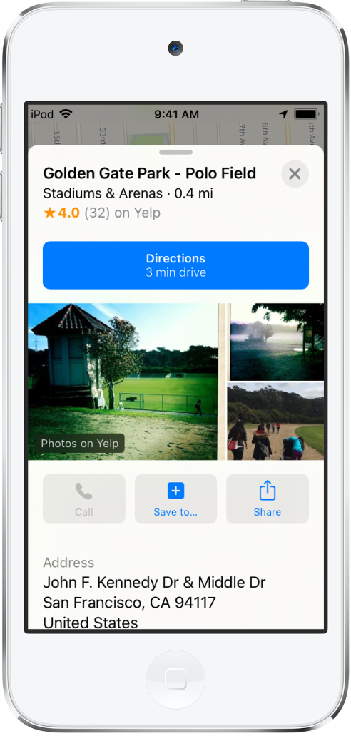 بطاقة المعلومات لمتنزه. يظهر زر الاتجاهات بالقرب من أعلى البطاقة. تظهر صور المتنزه أسفل زر الاتجاهات. أسفل الصور، من اليمين إلى اليسار، تظهر أزرار اتصال وحفظ في ومشاركة. تظهر معلومات إضافية أسفل الأزرار، بما في ذلك عنوان لشارع.