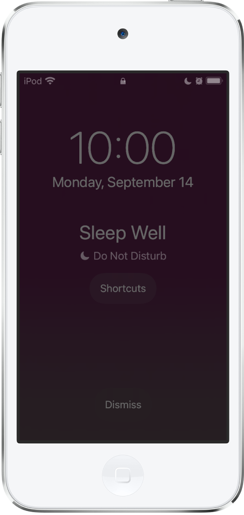 شاشة الـ iPod touch تعرض "نومًا هنيئًا" و"عدم الإزعاج قيد التشغيل" في المنتصف. أسفل ذلك يوجد زر الاختصارات. في أسفل الشاشة، يوجد زر استبعاد.