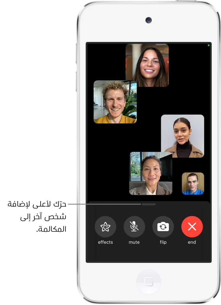 مكالمة FaceTime جماعية بها خمسة مشاركين، بمن فيهم منشئ المكالمة. يظهر كل مشارك في إطار منفصل. عناصر التحكم الموجودة في الجزء السفلي من الشاشة هي التأثيرات وكتم الصوت وقلب الاتجاه وإنهاء.