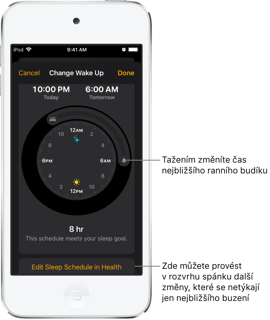 Obrazovka pro změnu zítřejšího ranního budíku s tlačítky, jejichž přetažením lze změnit časy večerky a buzení, a tlačítkem pro změnu rozvrhu spánku v aplikaci Zdraví