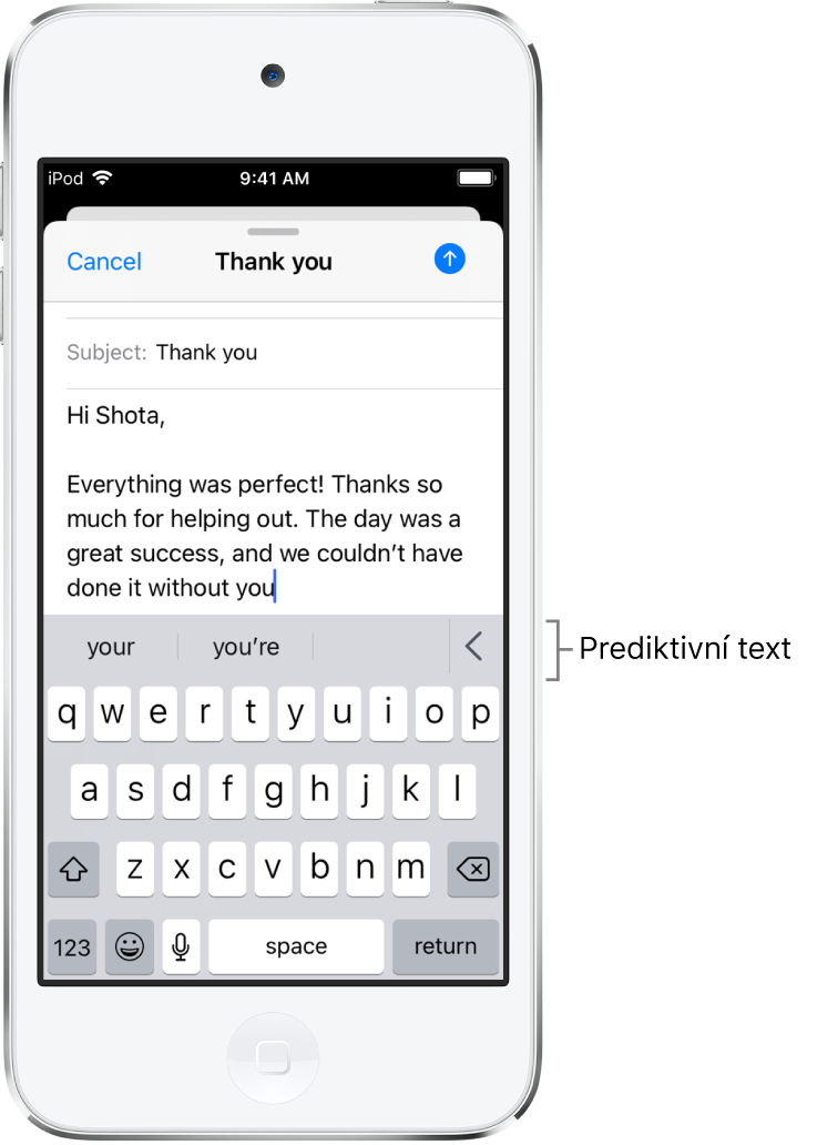 Zpráva v aplikaci Mail s upravovaným e‑mailem a zobrazenými návrhy na dokončení dalšího slova