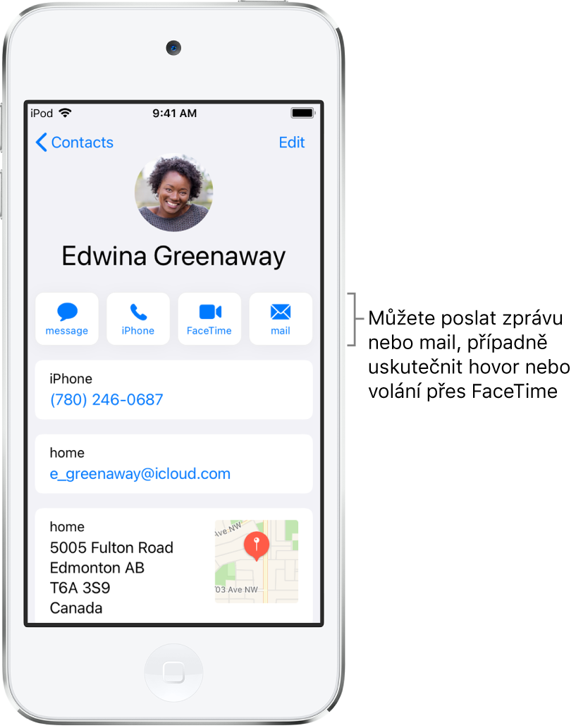 Informační obrazovka kontaktu. Nahoře se zobrazuje fotka a jméno kontaktu. Pod ním se nacházejí tlačítka pro zaslání zprávy, zahájení telefonního hovoru, zahájení hovoru FaceTime a zaslání e-mailové zprávy. Pod tlačítky jsou uvedeny kontaktní údaje
