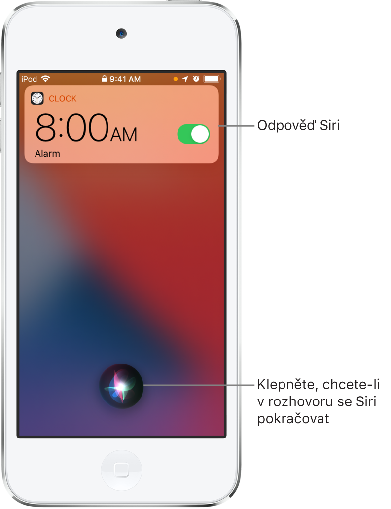 Siri na uzamčené obrazovce. Oznámení aplikace Hodiny informuje o zapnutí budíku nastaveného na 8:00. Rozhovor se Siri pokračuje stisknutím tlačítka v dolní části obrazovky.