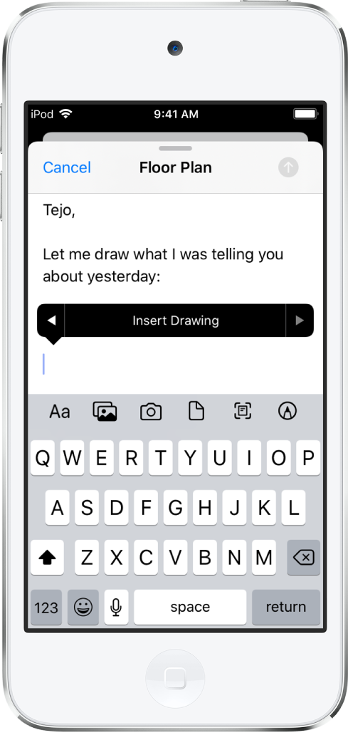 Rozepsaný koncept e-mailu s viditelným tlačítkem pro vložení kresby ve středu obrazovky