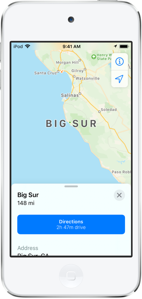 Mapa s informační kartou pohoří Big Sur. Na kartě se zobrazuje tlačítko Trasa.