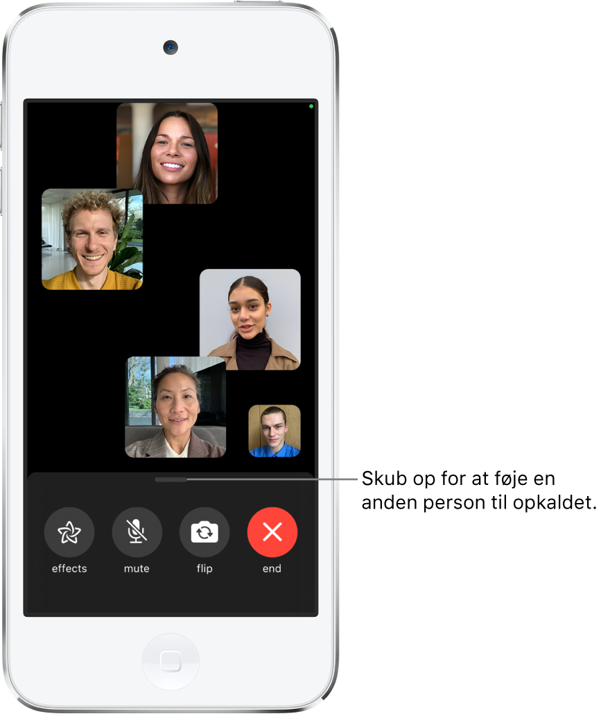 Et FaceTime-gruppeopkald med fem deltagere inklusive initiativtageren. Hver deltager vises i en brik for sig. Nederst på skærmen findes effekter, lydløs, spejlvend og slut.