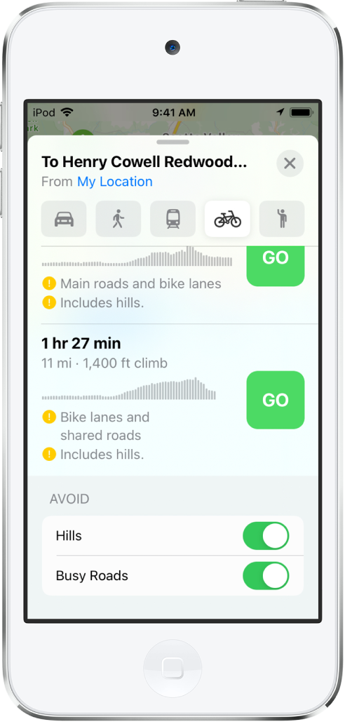 En liste med cykelruter: Knappen Start vises ved hver rute sammen med oplysninger om ruten, herunder anslået tid, ændringer i højde og vejenes type.