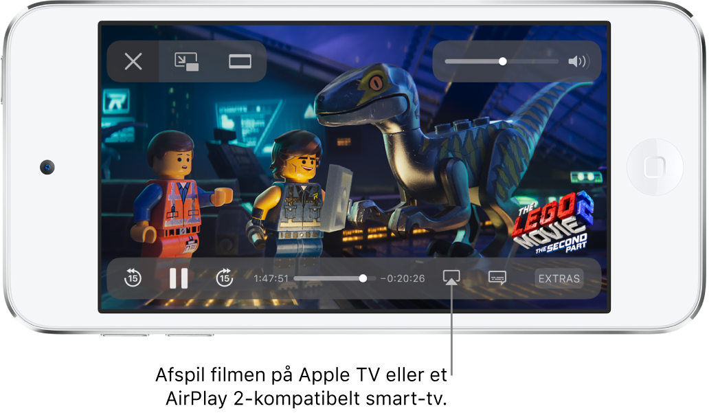 En film, der afspilles på skærmen på iPod touch. Nederst på skærmen findes betjeningspanelet til afspilning, herunder knappen Skærmdublering nederst til højre.