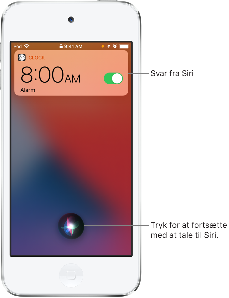 Siri på den låste skærm. En notifikation fra appen Ur viser, at en alarm er sat til kl. 08:00. En knap i midten nederst på skærmen kan bruges, hvis du vil fortsætte med at sige noget til Siri.