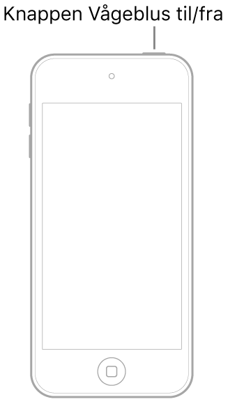 En illustration af iPod touch med skærmen opad. Knappen Vågeblus til/fra vises øverst på iPod touch.