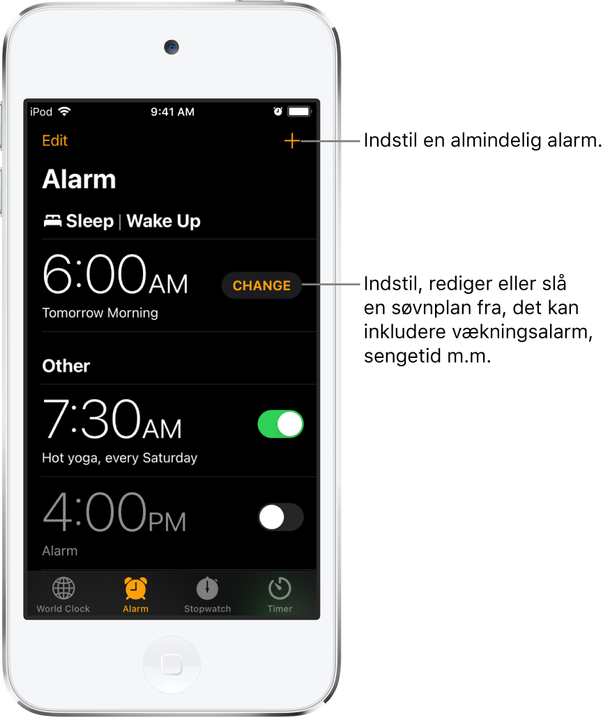 Fanen Alarm, der viser tre alarmer indstillet til forskellige tidspunkter, knappen til at indstille en regelmæssig alarm øverst til højre og vækningsalarmen med en knap til at ændre søvnplanen i appen Sundhed.