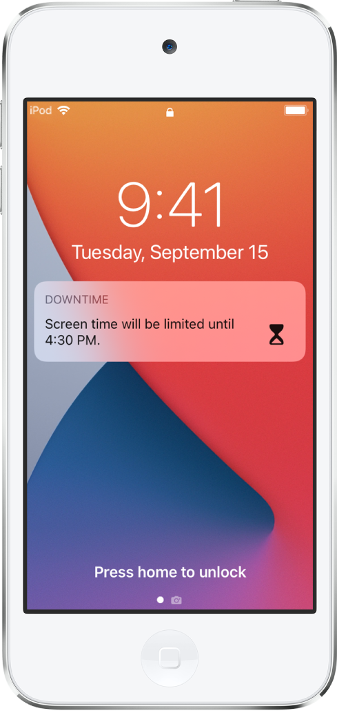 Den låste skærm på iPod touch viser en notifikation om Skærmfri tid, hvor der står, at Skærmtid er begrænset indtil kl. 16.30.