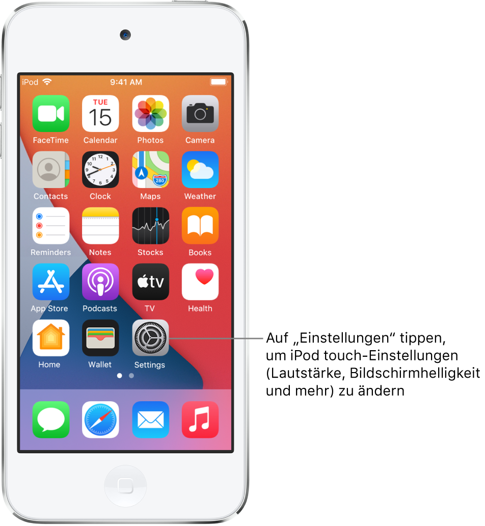 Der Home-Bildschirm mit mehreren App-Symbolen, unter anderem mit dem Symbol der App „Einstellungen“, in der du Einstellungen wie die Lautstärke und die Bildschirmhelligkeit für den iPod touch ändern kannst.