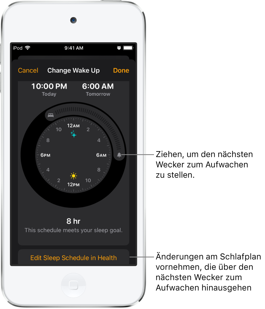 Ein Bildschirm zum Ändern des Weckers zum Aufwachen für morgen. Durch Ziehen kann mit jeweiligen Symbolen die Schlafenszeit und die Aufwachzeit verändert werden. Außerdem ist eine Taste zum Ändern des Schlafplans in der App „Health“ zu sehen.