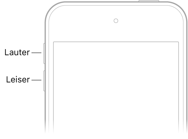 Oberer Teil der iPod touch-Vorderseite mit den Lautstärketasten „Lauter“ und „Leiser“ oben links.