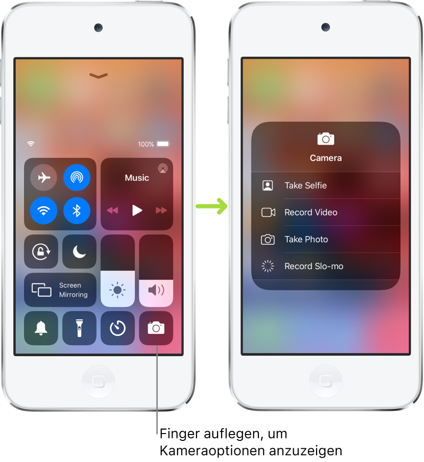 Zwei Bildschirme mit dem geöffneten Kontrollzentrum nebeneinander: Auf dem Bildschirm links sind in der oberen linken Gruppe die Steuerelemente „Flugmodus“, „Mobile Daten“, „WLAN“ und „Bluetooth“ zu sehen. Außerdem ist der Hinweis zu sehen, dass durch Auflegen des Fingers auf das Symbol „Kamera“ unten rechts Optionen für die Kamera eingeblendet werden können. Auf dem Bildschirm rechts sind diese zusätzlichen Optionen für die Kamera zu sehen: „Selfie aufnehmen“, „Video aufnehmen“, „Foto aufnehmen“ und „Slo-Mo aufnehmen“.