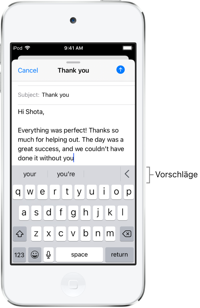 Der Entwurf einer E-Mail-Nachricht mit Vorschlägen zur Vervollständigung des aktuell eingetippten Worts.