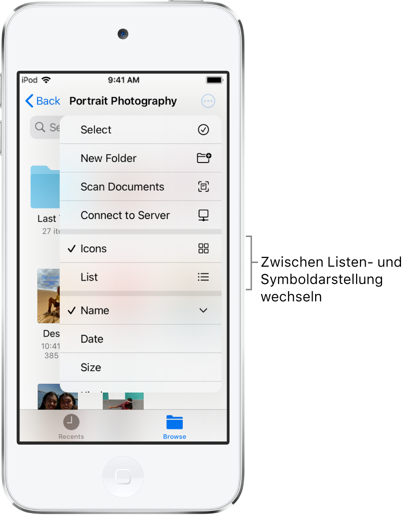 Ein iCloud Drive-Speicherort für Fotodateien. Bei den nach Namen sortierten Objekten handelt es sich um den Ordner „Cottage remodel“ und die folgenden sechs Dokumente: Desert Stop, Karen Blue, Lakeside, Leafy Shadows, Mark Flip und Susan Green. Oben rechts ist eine Taste zum Umschalten zwischen der Listen- und der Symboldarstellung zu sehen.