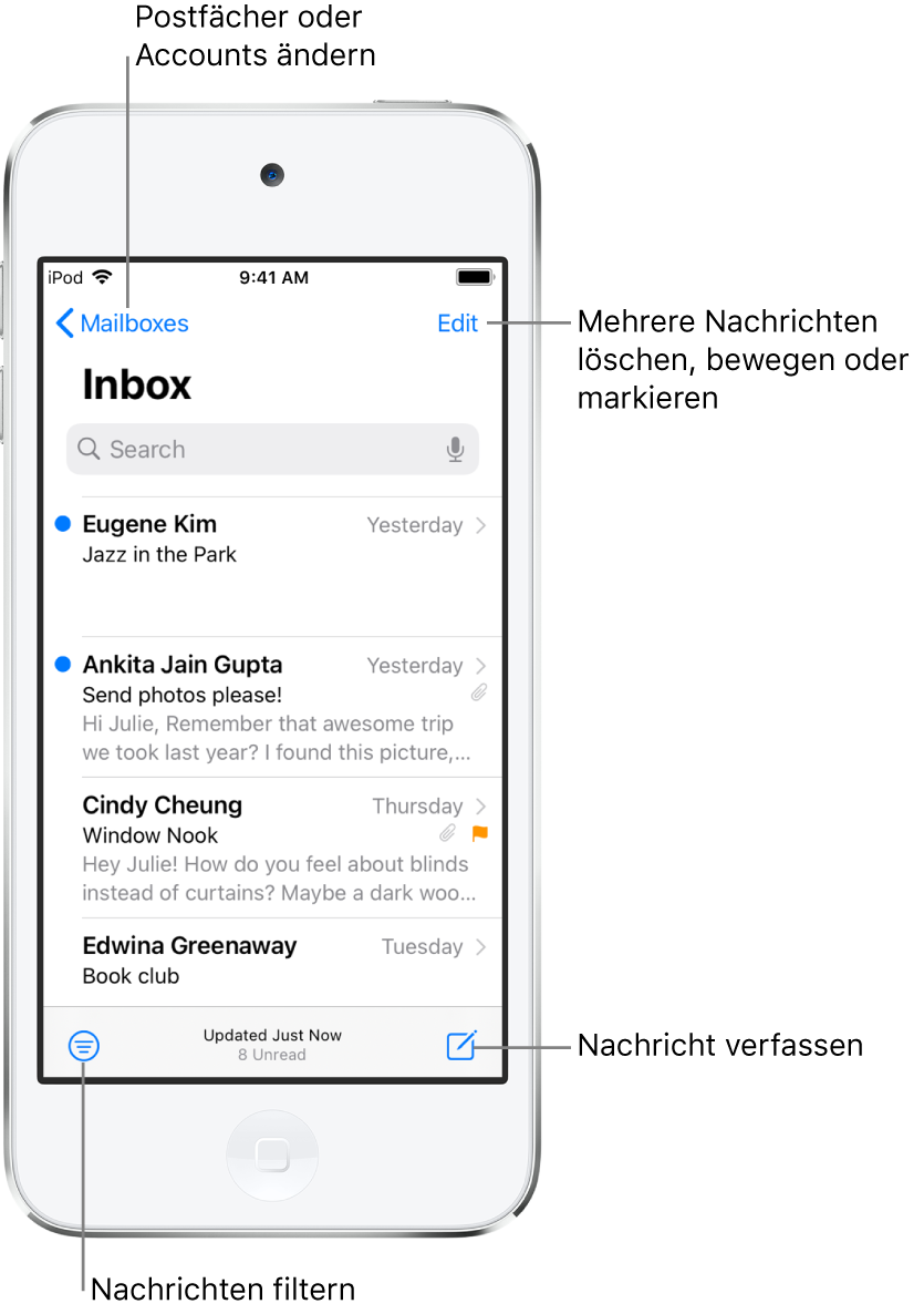 Der Posteingang mit einer Liste von E-Mail-Nachrichten. In der Ecke oben links befindet sich die Taste „Postfächer“ für den Wechsel zu einem anderen Postfach. In der Ecke oben rechts befindet sich die Taste „Bearbeiten“ zum Löschen, Bewegen und Markieren von E-Mails. In der Ecke unten links befindet sich die Taste zum Filtern von E-Mails, sodass nur bestimmte E-Mails angezeigt werden. In der Ecke unten rechts befindet sich die Taste zum Erstellen einer neuen E-Mail.