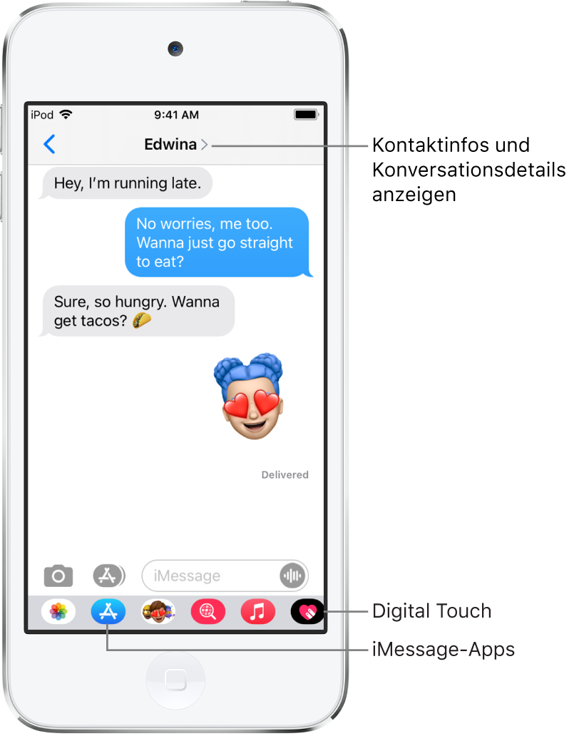 Eine Konversation in der App „Nachrichten“. Oben befinden sich von links nach rechts die Taste Zurück“ und der Name der Person, mit der du Textnachrichten austauschst. In der Mitte befinden sich die gesendeten oder während einer Konversation empfangenen Nachrichten. Am unteren Rand sind von links nach rechts die Tasten der Apps „Fotos“, „Stores“, „Hashtag-Bilder“, „Musik“, „Digital Touch“ und „iMessage“ zu sehen.