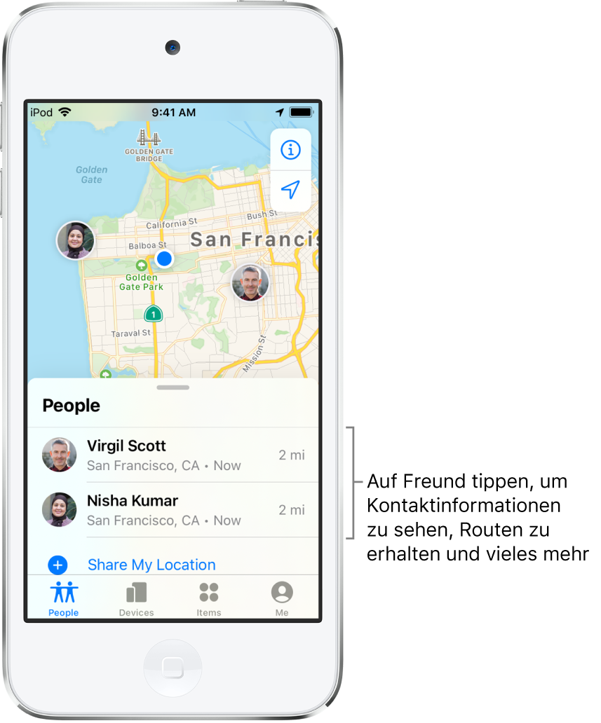 Die App „Wo ist?“ mit geöffnetem Tab „Personen“. Die Liste „Personen“ enthält zwei Freunde: Virgil Scott und Nisha Kumar. Ihre Standorte werden auf einer Karte von San Francisco angezeigt.