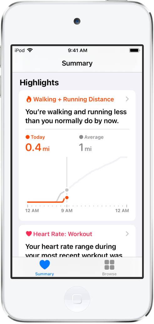 Μια οθόνη Σύνοψης εμφανίζει την απόσταση βαδίσματος και τρεξίματος για την ημέρα ως επισήμανση.