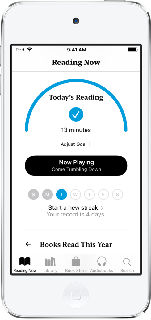 The Reading Goals section in Reading Now. The reading counter shows that 6 minutes of a 10-minute goal have been completed. Below the counter is a Keep Reading button, and circles that show the days of the week, Sunday through Saturday. The circle for Tuesday contains a blue outline that shows the progress for that day.