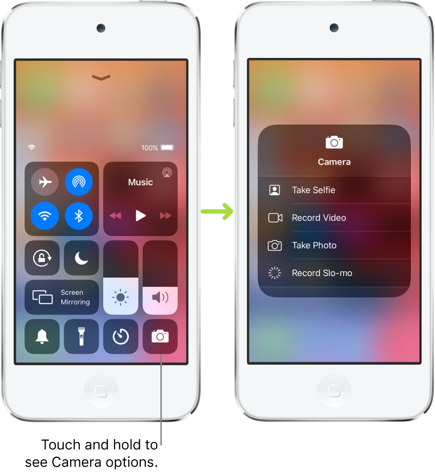 Two Control Center screens side-by-side—the one on the left shows controls for airplane mode, cellular data, Wi-Fi, and Bluetooth in the top-left group, and has a callout that says to touch and hold the Camera icon at the bottom right to see the Camera options. The screen on the right shows the additional options for Camera: Take Selfie, Record Video, Take Photo, and Record Slo-mo.