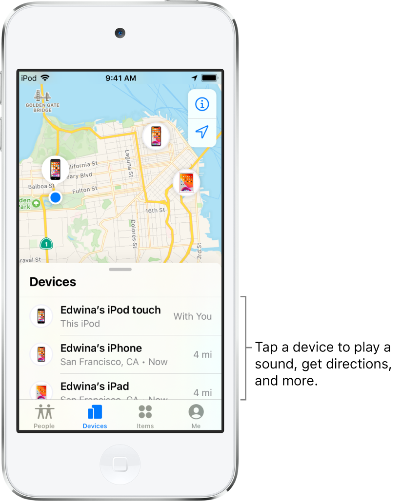 The Find My screen open to the Devices tab. There are three devices in the Devices list: Edwina’s iPod touch, Edwina’s iPhone, and Edwina’s iPad. Their locations are shown on a map of San Francisco.