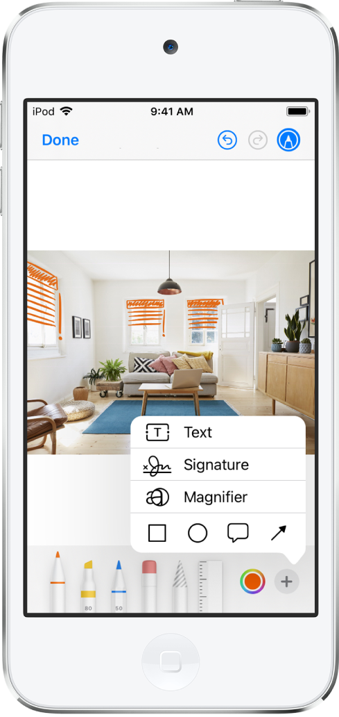 A photo is marked up with orange lines to indicate window blinds over windows. The Markup toolbar with drawing tools and the color picker appears at the bottom of the screen. A menu with choices for adding text, a signature, a magnifier, and shapes appears in the lower-right corner.