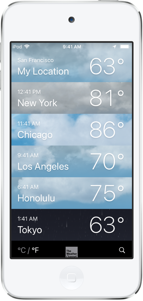 A list of cities showing the time and current temperature for each.