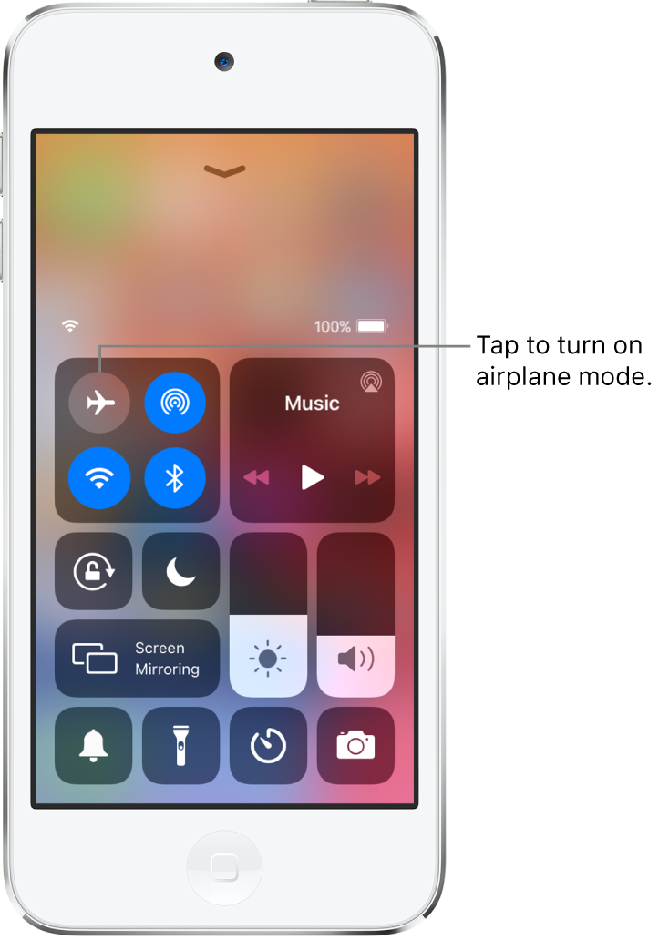 A screen with Control Center with a callout explaining that tapping the top-left button turns on airplane mode.