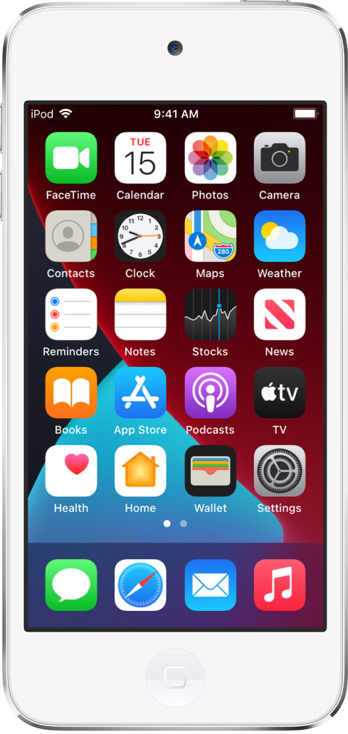 The iPod touch Home Screen with Dark Mode turned on.