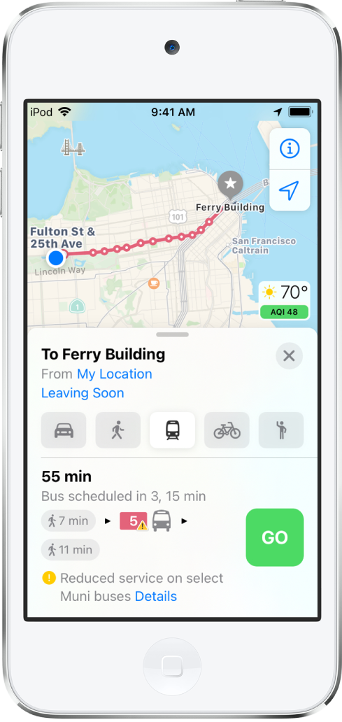 A map showing a transit route across San Francisco. The route card at the bottom of the screen includes a Go button.