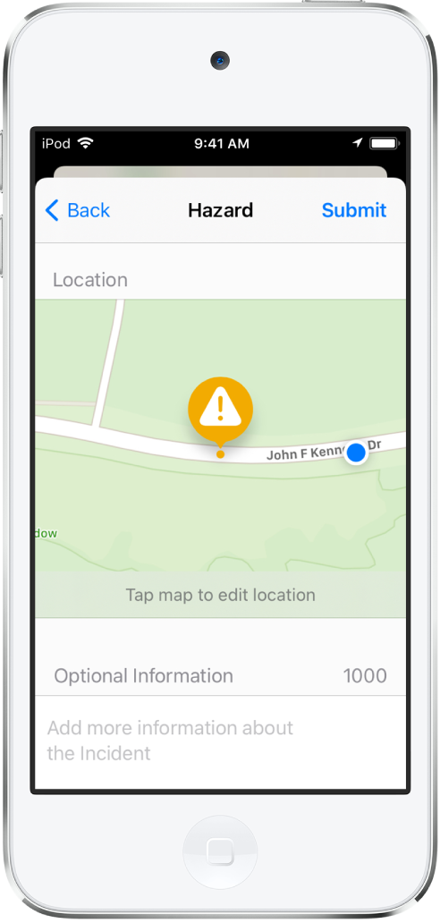 A report of a road hazard with the Submit button at the top right.