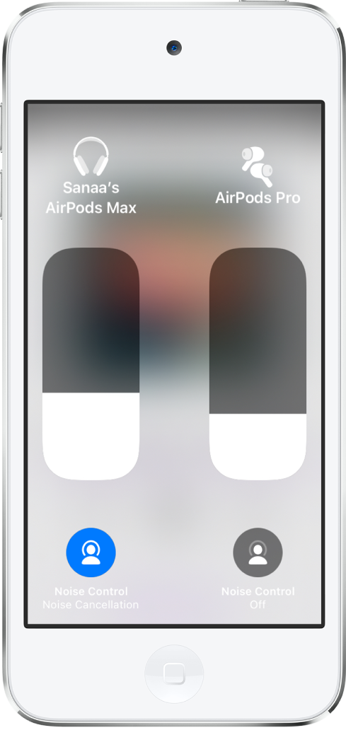 Volume slider controls for two sets of AirPods. Noise Control buttons appear below the volume slider controls.