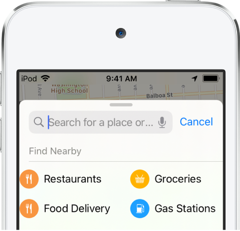 Categories for four nearby services appear below the search field. The categories are Restaurants, Groceries, Food Delivery, and Gas Stations.