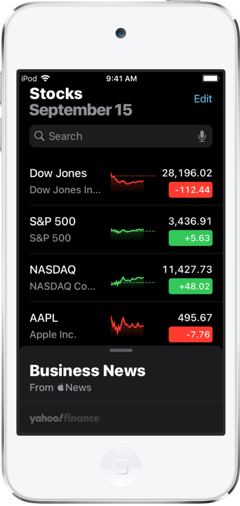 A watchlist showing a list of different stocks. Each stock in the list displays, from left to right, the stock symbol and name, a performance chart, the stock price, and price change. At the top of the screen, above the watchlist, is the search field. Below the watchlist is Business News. Swipe up on Business News to display stories.