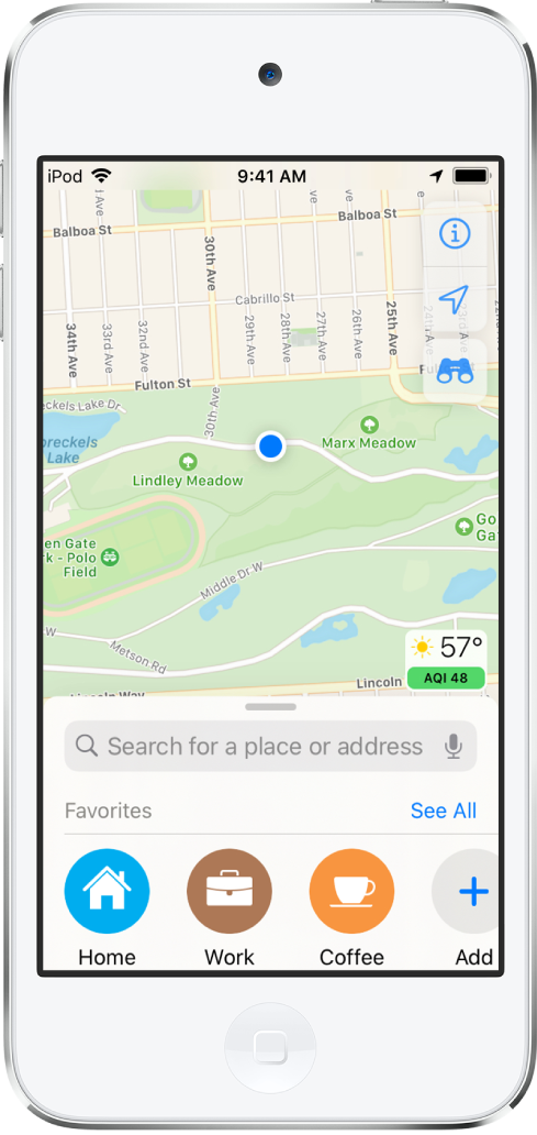 A map of a park, and three favorites shown at the bottom of the screen. The favorites are Home, Work, and Coffee.