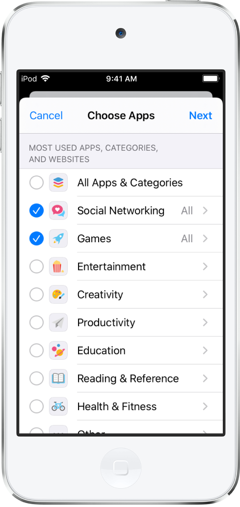 The App Limits screen in Screen Time with a list of app categories. The categories, listed from top to bottom, are: All Apps and Categories, Social Networking, Games, Entertainment, Creativity, Productivity, Education, and Reading and Reference. Next to each category is a circle to select the category and set a time limit.