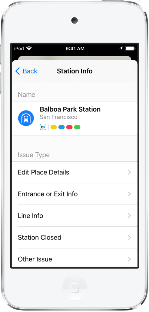 A screen for reporting incorrect information for a transit station. Issue types available to report are Edit Place Details, Entrance or Exit Info, Line Info, Station Closed, and Other Issue.
