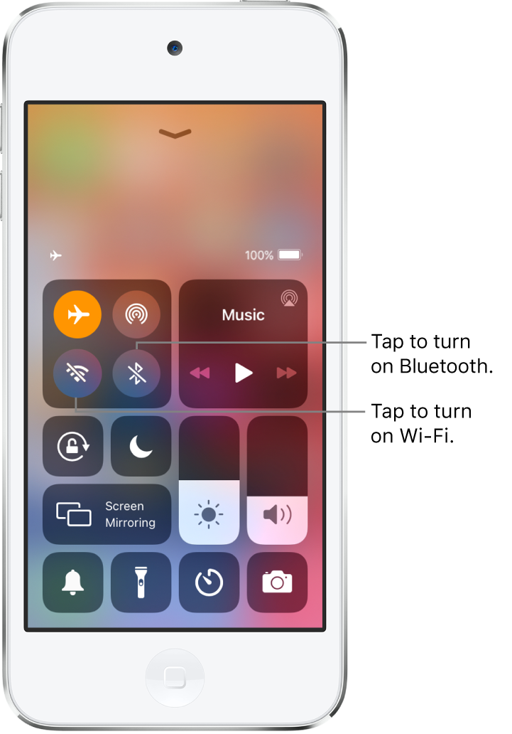 Control Center with airplane mode on. The buttons for turning on Wi-Fi and Bluetooth are near the upper-left corner of the screen.