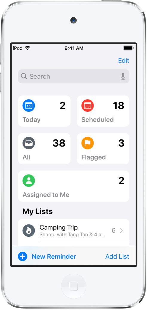 A screen showing several lists in Reminders. Smart Lists appear at the top for reminders due today, scheduled reminders, all reminders, and flagged reminders. The Add List button is at the bottom right.