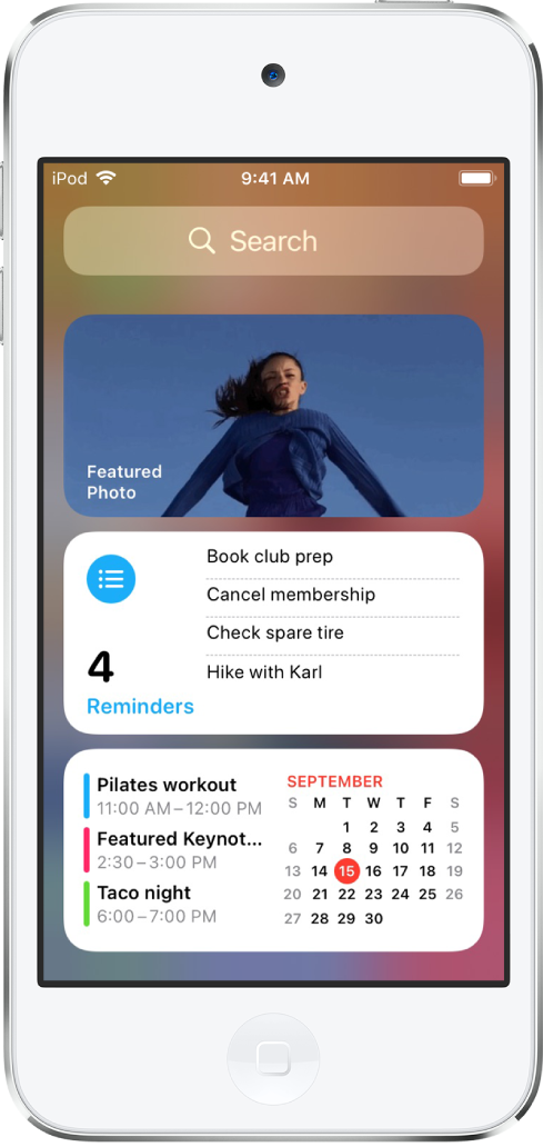 Today View widgets on iPod touch, including the Photos, Reminders, and Calendar widgets.