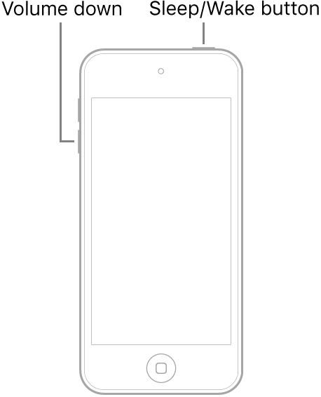 An illustration of iPod touch with the screen facing up. The Sleep/Wake button is shown on the top of the device, and the volume down button is shown on the left side of the device.